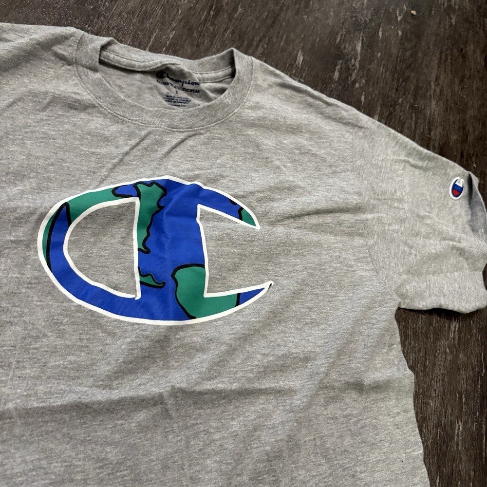 Champion Earth Globe Logo Men's Cotton T-Shirt Size Small Gray Short Sleeve‎